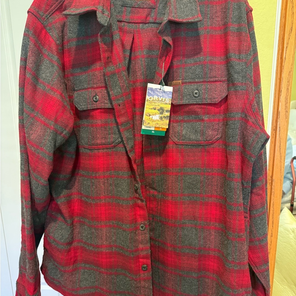 Orvis Men's Red and Black Plaid Button Down Shirt